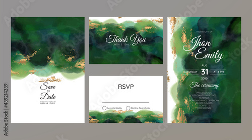 wedding invitation cards, watercolor textures and fake gold splashes for a luxurious touch