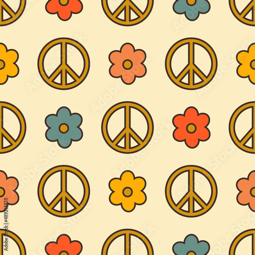 seamless pattern with peace symbol and flowers, vintage