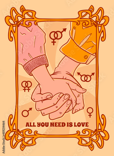vintage poster couple hold hands and the inscription all you need is love, lgbt