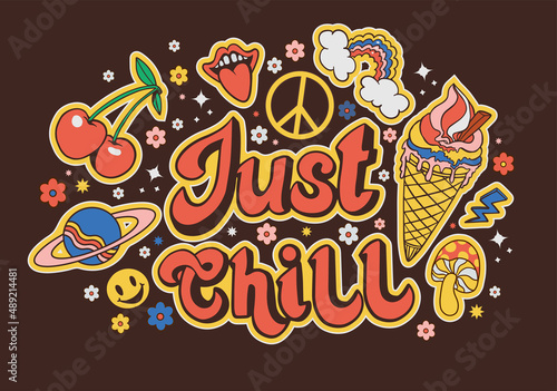calligraphy  just chill and symbols  cherry  ice cream  rainbow  hippie retro