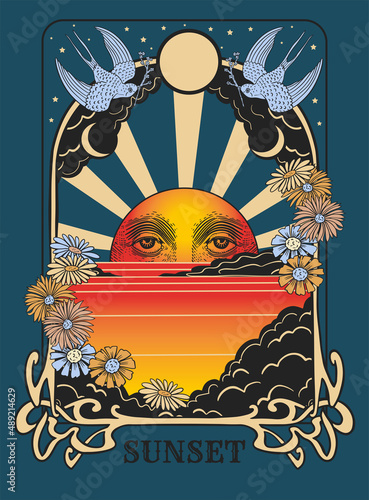 tarot card sun vintage print for t-shirt