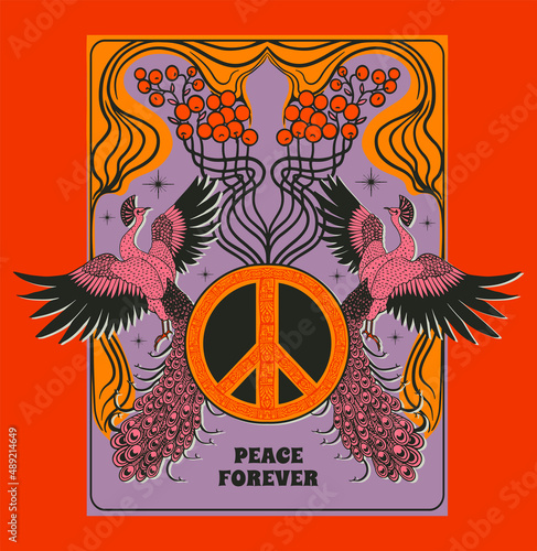 peace symbol with birds and berries, vintage poster in 70s style