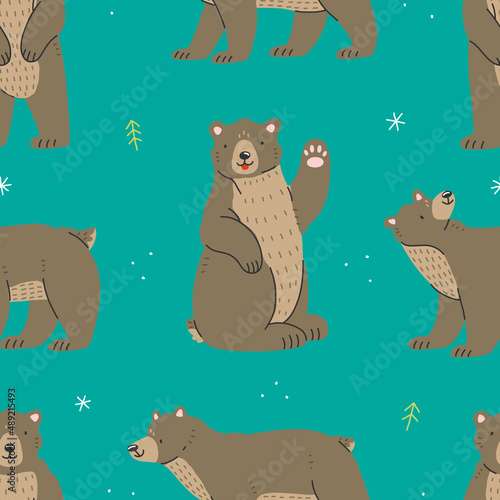 Cute brown grizzly bears seamless pattern. Vector illustration.