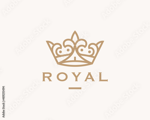 Modern royal gold crown logo. Premium luxury brand line icon. Elegant golden business symbol. Jewelry design element. Vector illustration.
