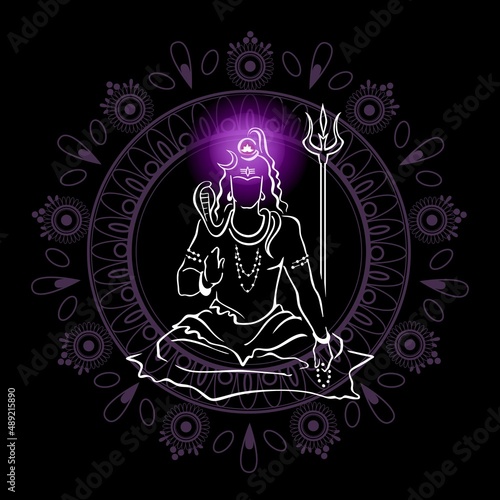 Shiva, Hindu god, blessing, with trident. Glowing Sahasrara crown chakra, mandala. Ornate hand drawn vector design