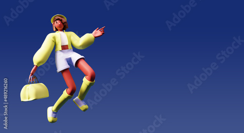3D Modern Young Girl Holding Carry Bag In Jump Pose And Copy Space On Blue Background.