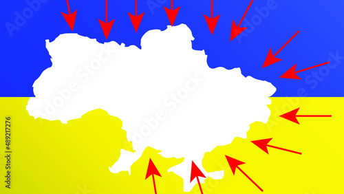 Vector illustration military invasion of Ukraine.Stylized Ukraine flag. 