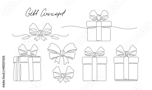 Gift box and bow in continuous line art drawing style. Holiday event concept minimalist vector illustration