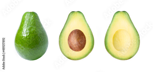 Collection of whole and half sliced of avocado with seed isolated on white background.