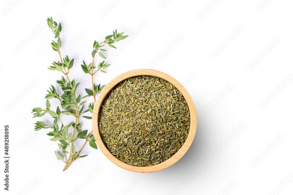 Fresh and dry Thyme leaf isolated on white background. Top view. Flat lay. Fresh and dry Thyme leaf isolated on white background. Top view. Flat lay.