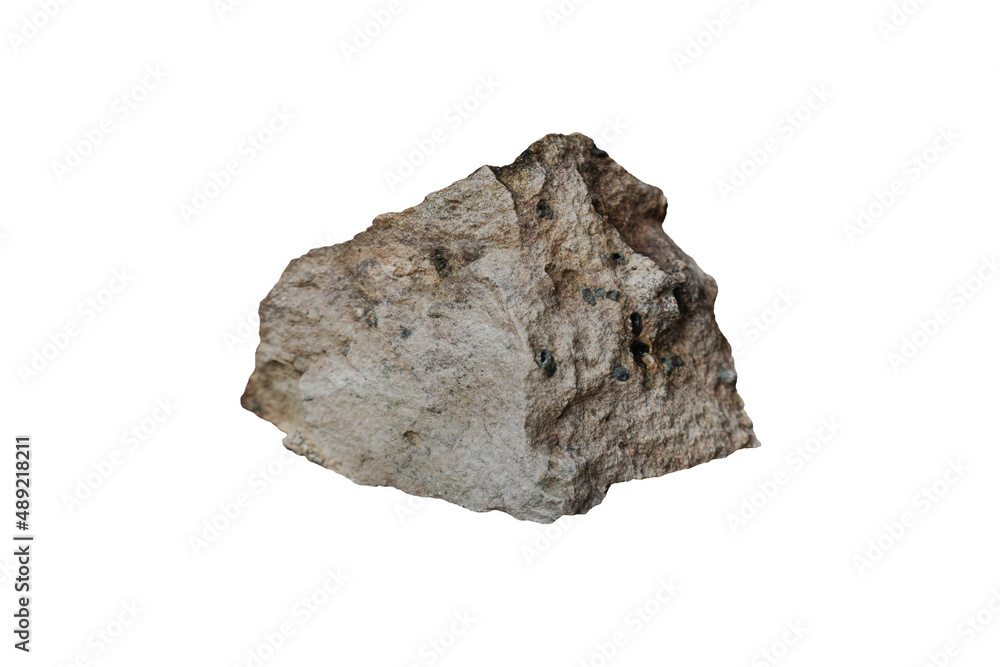 Cut out a raw specimen stone of Tuff igneous rock isolated on white background. Tuff is a type of rock made of volcanic ash ejected from a vent during a volcanic eruption.