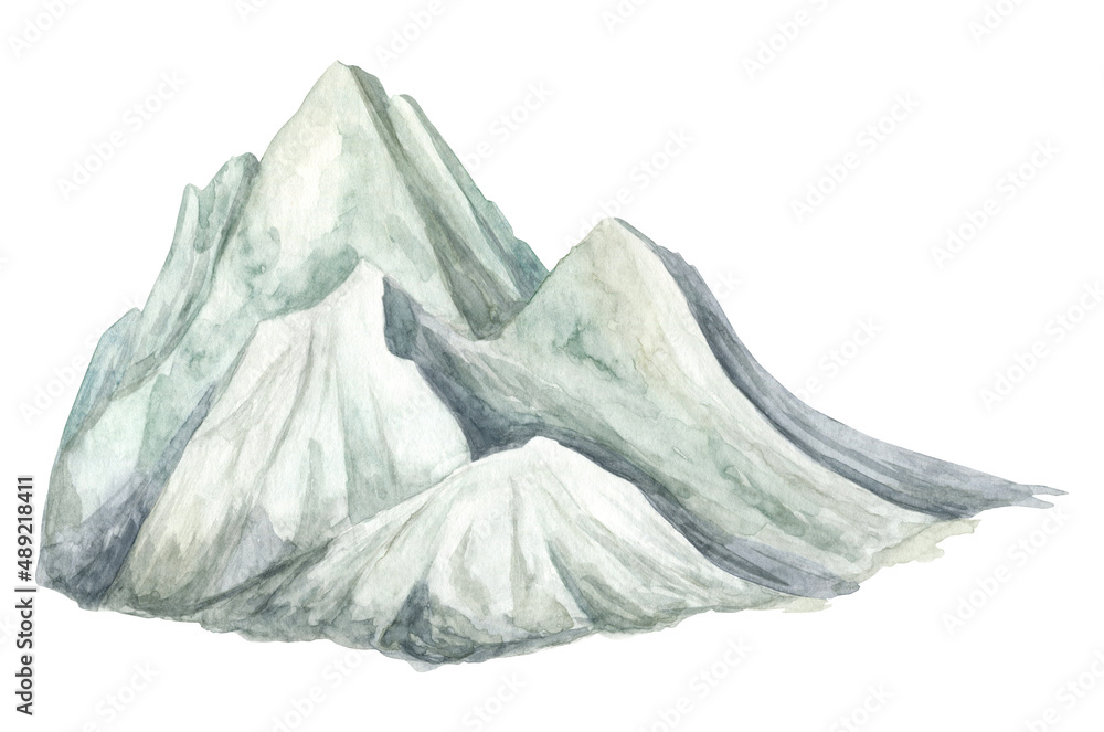 Watercolor mountain illustration. Hand painted high gray peak isolated on white background. Foggy landscape. Nature design for hiking, travel, printing, invitations, cards, decor.