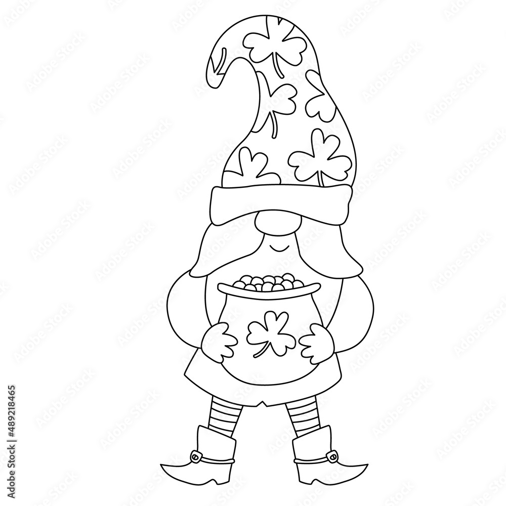 St. Patrick's Day funny gnome with pot of gold coins. Vector doodle ...