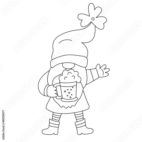 St. Patrick's Day funny gnome with foam beer. Vector doodle illustration isolated on white. Hand drawn black outline. Great for greeting cards, coloring book. Male character.