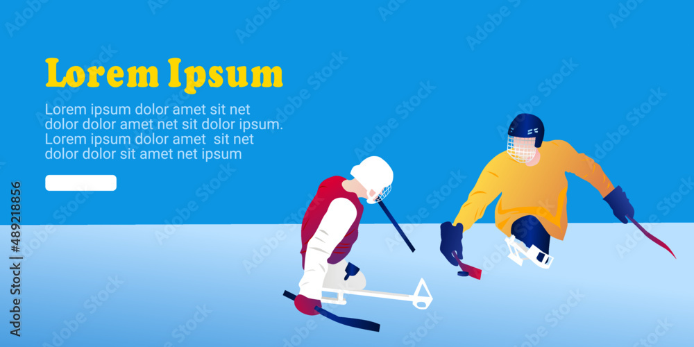 UI design template of two abstract people playing hockey. Vector graphic illustration. Para ice hockey