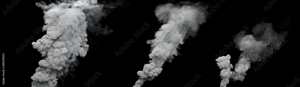 3 white carbon smoke columns from oil power plant on black, isolated - industrial 3D illustration