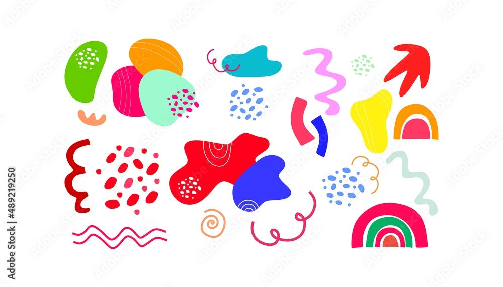 A set of decorative painted elements of modern flat design. Squiggles, lines, spots, wavy lines, dots, circles, shapes. A set for the design of works.