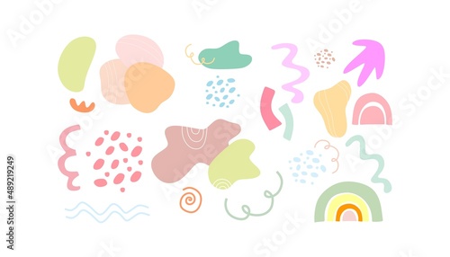 A set of decorative painted elements of modern flat design. Squiggles  lines  spots  wavy lines  dots  circles  shapes. A set for the design of works.