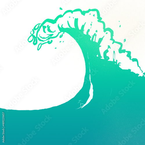 Ink illustration of big wave and surfer with gradient colour fill