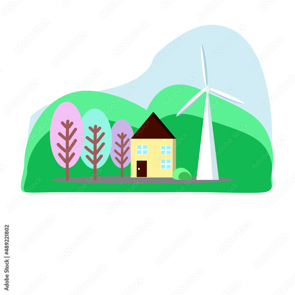 A house surrounded by nature with turbines to generate electricity, mountains and trees of various colors A house surrounded by nature with turbines to generate electricity, mountains and trees of various colors