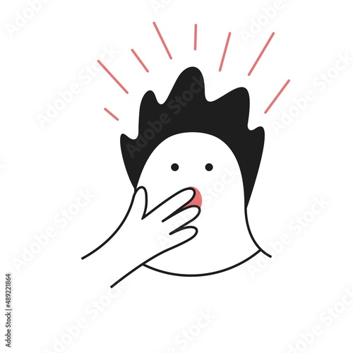 Surprise, fright emotion, wondering. Cartoon illustration hand to a face with an open mouth. Line vector illustration.