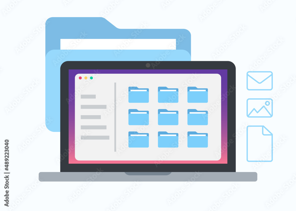 File management concept. Data storage on laptop display. Folders, documents and media content explorer. Flat vector illustration. File management concept. Data storage on laptop display. Folders, documents and media content explorer. Flat vector illustration.