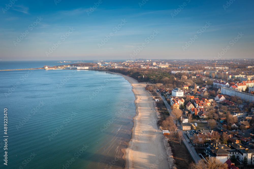 Baltic Sea beach in Brzezno at sunset in Gdansk. Poland
