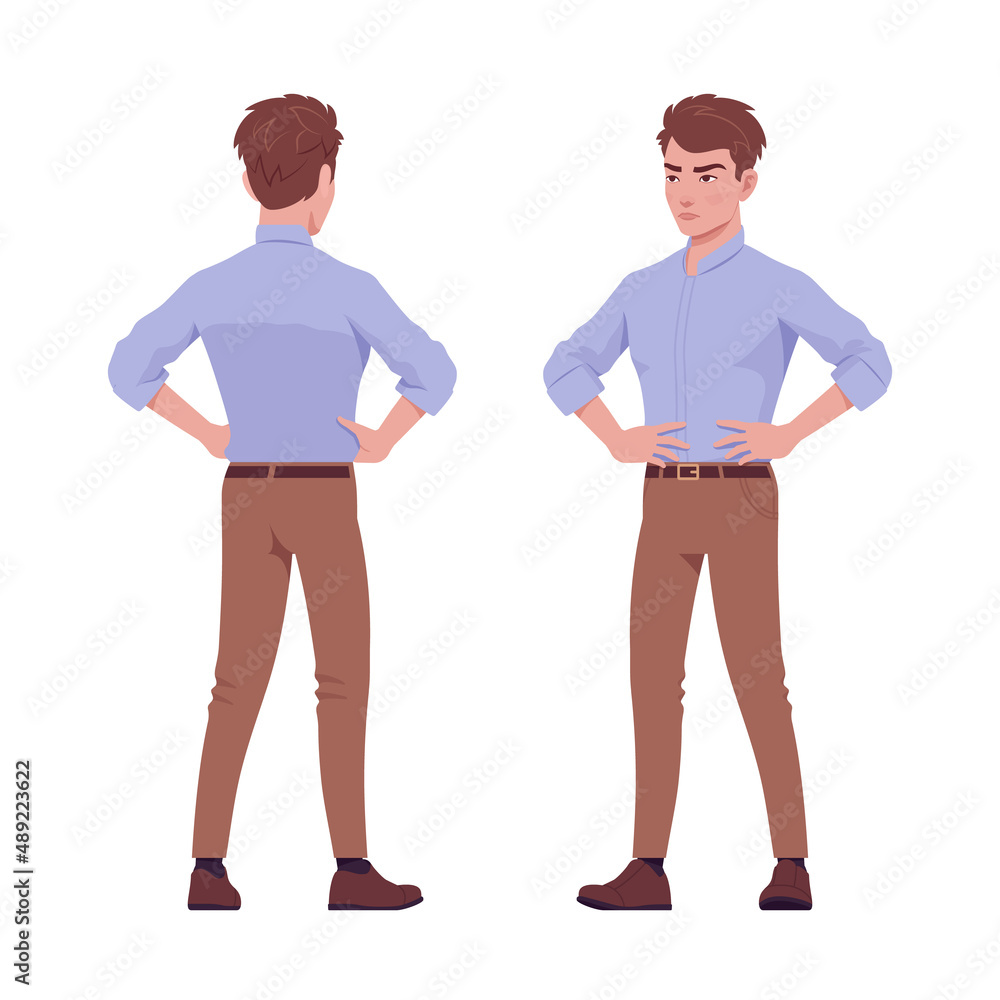 Young handsome businessman standing, confident akimbo pose, corporate trainer. Office boy, male manager in formal wear. Vector flat style cartoon character isolated on white background, front, rear