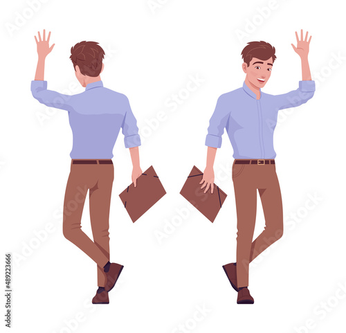 Young handsome businessman walking, waving hand gesture. Office attire boy, male manager in formal wear. Vector flat style cartoon character isolated on white background, front and rear view