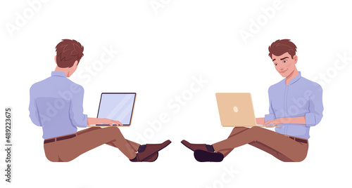 Young businessman sitting at floor with laptop, working online. Busy office attire boy, male manager in formal wear. Vector flat style cartoon character isolated on white background, front, rear view
