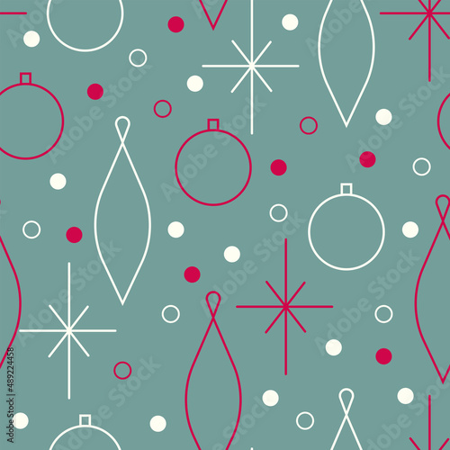 Christmas seamless vector pattern. Minimalistic illustration with snowflakes and Christmas tree decoration ball. Line art, north hugge aesthetic