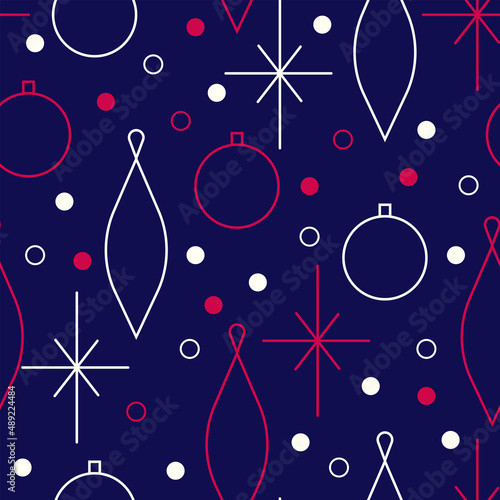Christmas seamless vector pattern. Minimalistic illustration with snowflakes and Christmas tree decoration ball. Line art, north hugge aesthetic