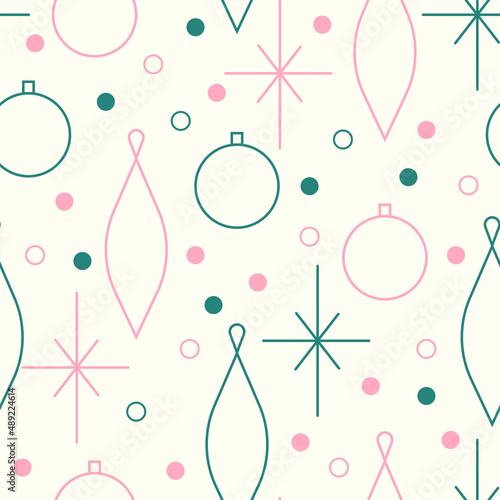 Christmas seamless vector pattern. Minimalistic illustration with snowflakes and Christmas tree decoration ball. Line art, north hugge aesthetic