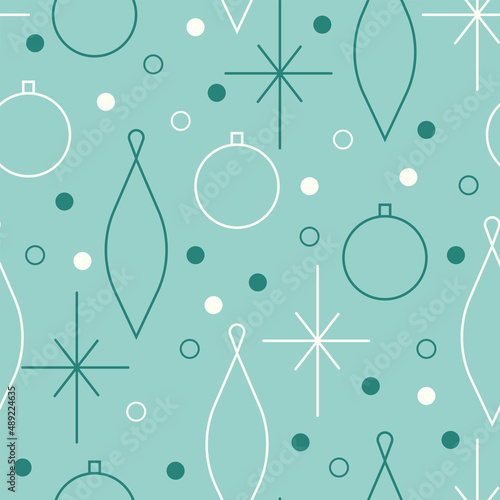 Christmas seamless vector pattern. Minimalistic illustration with snowflakes and Christmas tree decoration ball. Line art, north hugge aesthetic