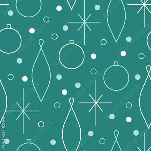 Christmas seamless vector pattern. Minimalistic illustration with snowflakes and Christmas tree decoration ball. Line art, north hugge aesthetic