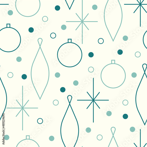 Christmas seamless vector pattern. Minimalistic illustration with snowflakes and Christmas tree decoration ball. Line art, north hugge aesthetic