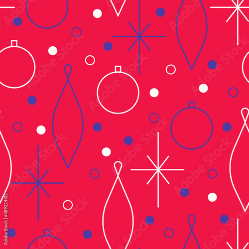Christmas seamless vector pattern. Minimalistic illustration with snowflakes and Christmas tree decoration ball. Line art, north hugge aesthetic