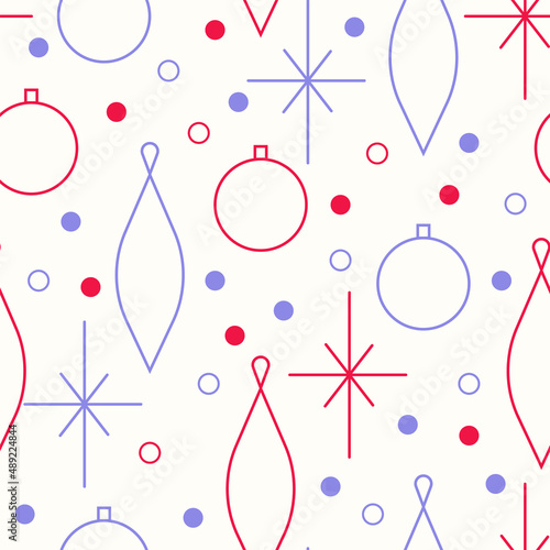 Christmas seamless vector pattern. Minimalistic illustration with snowflakes and Christmas tree decoration ball. Line art, north hugge aesthetic