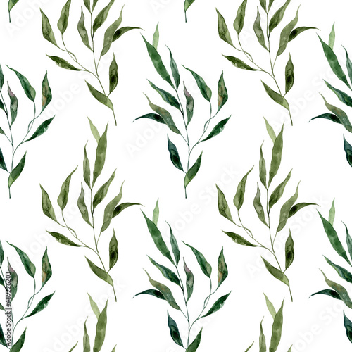Fototapeta Naklejka Na Ścianę i Meble -  Green foliage wallpaper. Watercolor floral seamless pattern. Hand painted botanical print. Natural backdrop.