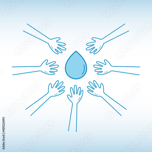 Hands trying to reach out for water drop. Access to clean water concept. Vector illustration outline flat design style.