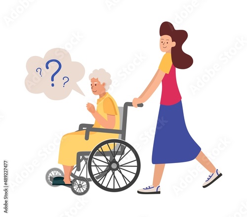 Dementia Grandmother in a wheelchair with an accompanying person can't figure out where he is Vector illustration in flat style