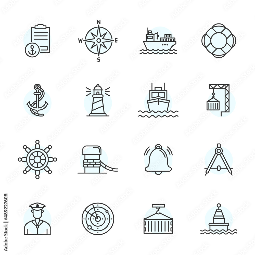 Naklejka premium Port ship marine stroke line icon. Sea port marine pictogram container logistics vector line icon