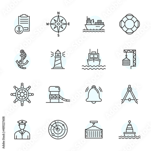 Port ship marine stroke line icon. Sea port marine pictogram container logistics vector line icon