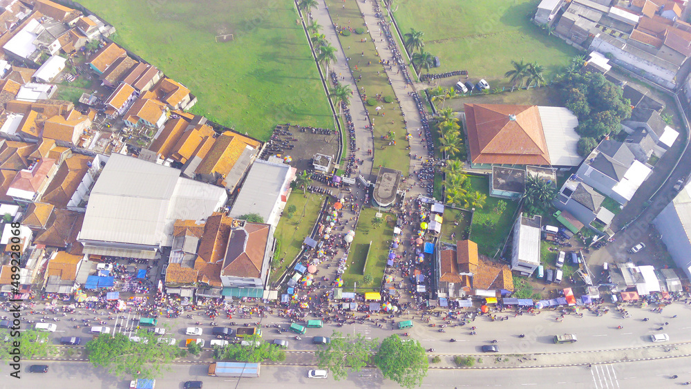 Aerial photo of crowds at an impromptu market on Sunday taken using a drone in the Rancaekek area, Indonesia