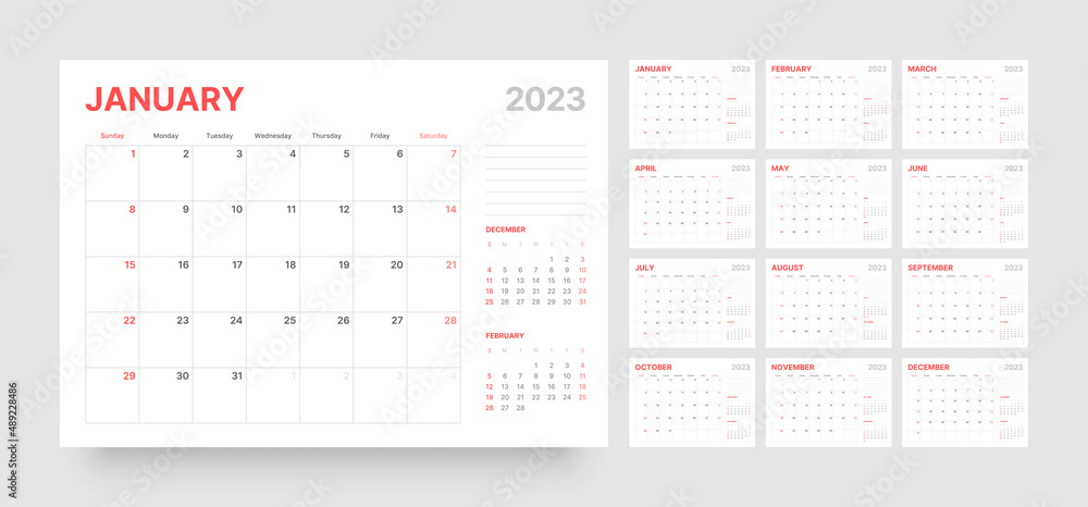 Monthly calendar template for 2023 year. Week Starts on Sunday. Wall calendar in a minimalist style. Monthly calendar template for 2023 year. Week Starts on Sunday. Wall calendar in a minimalist style.