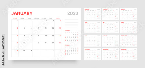 Monthly calendar template for 2023 year. Week Starts on Sunday. Wall calendar in a minimalist style.