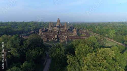 Angkor Wat Aerial Cambodia Tourism Establishing shot Drone Sunrise
