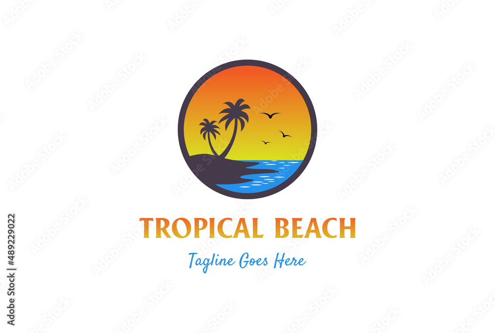 Circular Sunset Palm Coconut Tree for Summer Beach Logo Design Vector Illustration