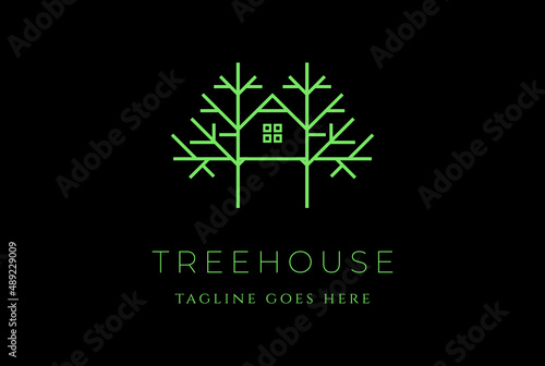 Simple Minimalist Treehouse Line Outline Monogram Logo Design Vector