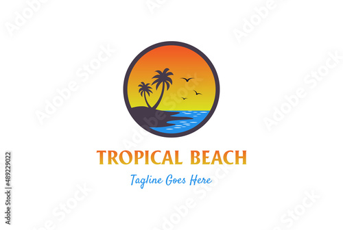 Circular Sunset Palm Coconut Tree for Summer Beach Logo Design Vector Illustration